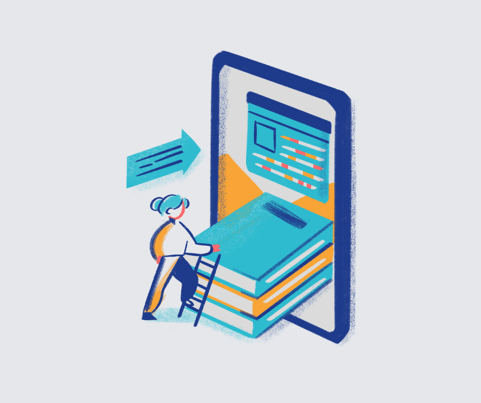 Ілюстрація: жіноча фігура передає книги та документи в екран комп’ютера, символізуючи перенесення знань у цифровий простір